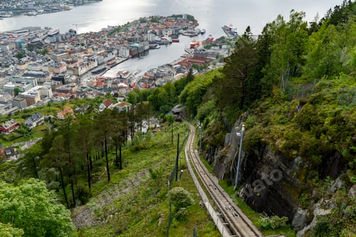 Preview: Mount Floyen funicular rails with scenic city and harbor views