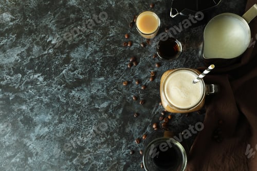 Preview: Concept of making Irish coffee on black smokey table