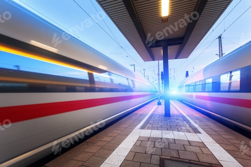 Vista previa: High speed passenger trains on railroad platform in motion