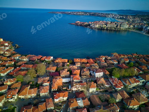 Preview: View from a height of the city of Sozopol with houses and boats near the Black Sea