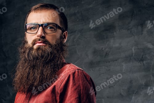 Preview: A bearded male in eyeglasses dressed in a red shirt.