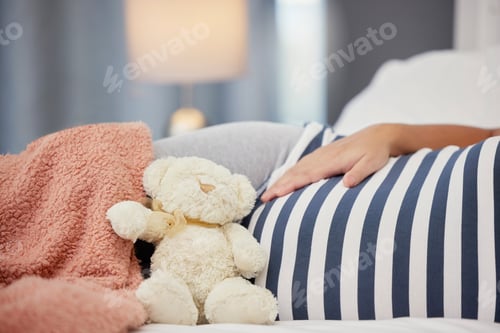 Preview: Pregnant stomach, teddy bear and mother in bed with toy for baby, infant and child affection at hom