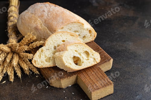Preview: Fresh White Bread French Bun Wheat Flour Portion On The Table Cooking Meal Snack Outdoor Top View