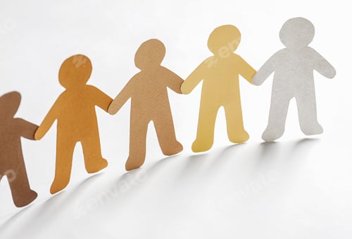 Preview: Paper people holding hands on light background. Unity concept