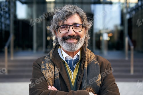 Preview: Middle-aged Caucasian businessman looking at camera smiling. Gray hair 50 years old cheerful man