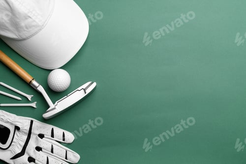 Preview: Set of golf equipment on color background, flat lay. Space for text