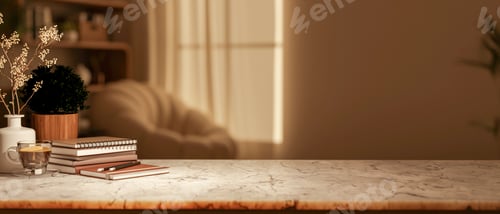 Preview: Coffee and book with flower vase on marble counter table across sofa and window curtain in dim room.