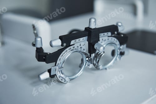 Preview: Photo from the side. Focused detailed close up photo of phoropter standing on the white table