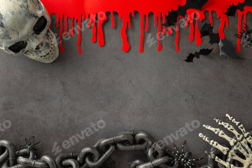 Preview: Eerie Halloween scene with thematic decorations, spiders, bats, skeletal hand, skull, bones