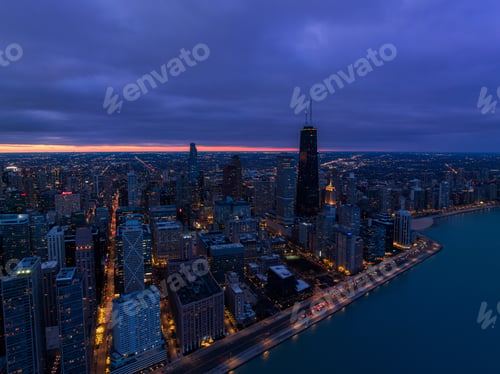Chicago from air at sunset