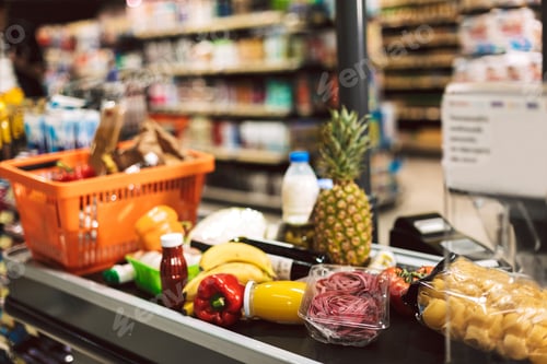 Preview: Close up shopping basket and fresh products on cashier desk in s