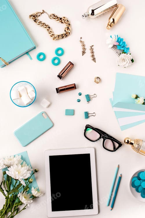 Preview: Still life of fashion woman, blue objects on white