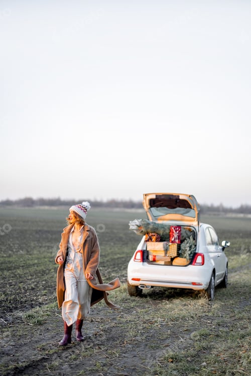 Preview: Woman and car full of New Year giftboxes on nature