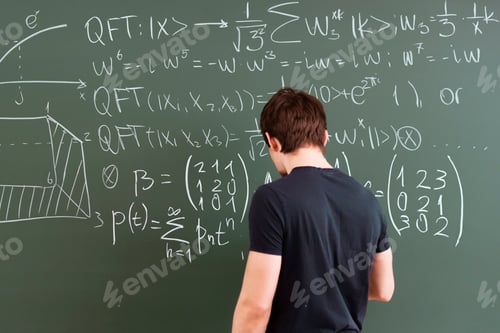 Preview: a male person writing text with piece of chalk on blackboard, doing maths and physics equations