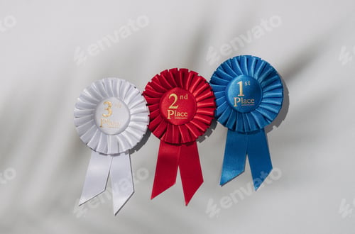 Preview: Winner success trending concept. Three rosette on a gray background and the shadow of a palm tree.