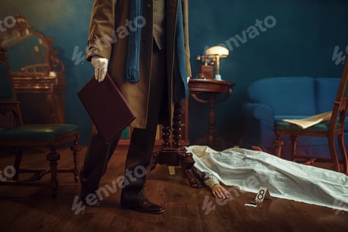 Preview: Detective holds leather folder, crime scene