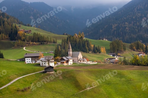 Preview: Green alpine valley with view of Santa Maddalena village church,