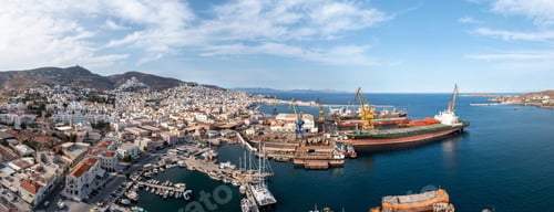 Preview: Syros island, Hermoupolis cityscape panorama aerial drone view. Greece, Cyclades.