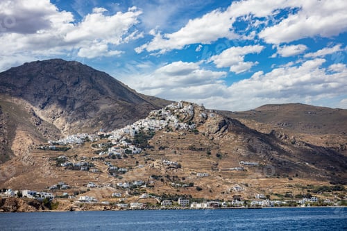Preview: Serifos island Cyclades Greece. White building uphill Chora town and at island port.