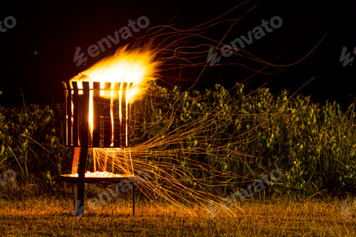 Preview: Night view of a fire glowing in a firepot against plants and a dark sky