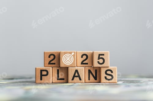 Preview: 2025 Planning and Budgeting Concept. Wooden Block with 2025 Goal Planning Icons. Business