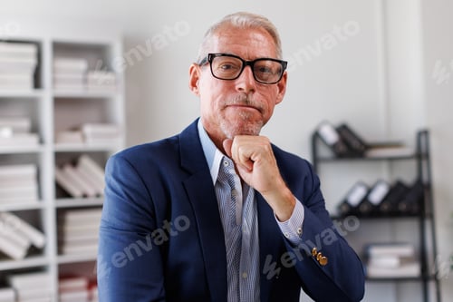 Preview: Mid adult, mature age guy with gray hair senior business man with crossed arms smiling at camera. Eu