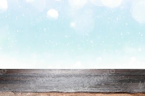 Preview: Wooden table on winter snow and white bokeh abstract.