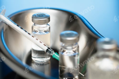 Preview: Injectable medications. Kidney dish with injectable medications in sealed vials and a disposable