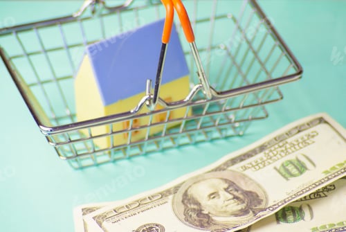 Preview: hopping basket with a model of a house on the road with US dollar bills, isolated