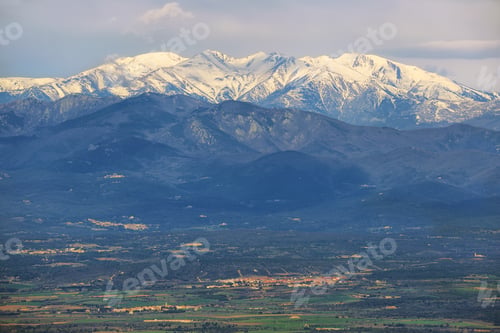 Preview: Snowed peak of Canigou mountains from Verdera Castle, Spain