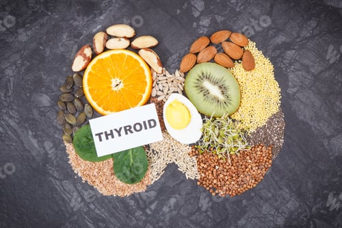 Preview: Nutritious ingredients in shape of thyroid. Healthy food containing vitamins
