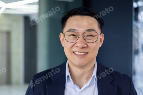 Preview: Closeup portrait of successful Asian man in glasses and business jacket smiling and looking at
