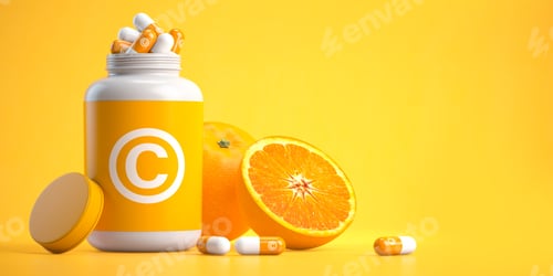 Preview: Bottle with vitamine C capsules and orange on yellow background.