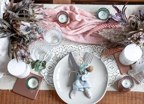 Preview: Close up details of table setting in vintage style.