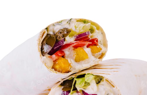 Preview: Wrap with chicken nuggets, vegetables and sauce isolated