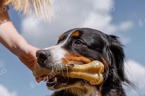 Preview: A dog cheerfully chews on a gigantic bone provided by its owner on a clear and sunny day outside
