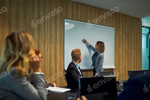 Preview: Business people looking at businesswoman writing on whiteboard