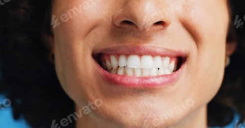 Preview: Person, teeth and mouth with smile for dental clean, hygiene or oral and gum care treatment. Closeu