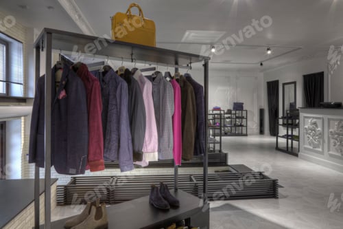 Preview: Suits and shoes on rack in clothing store for men
