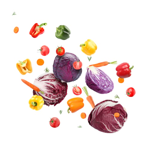 Preview: Many different fresh vegetables in air on white background