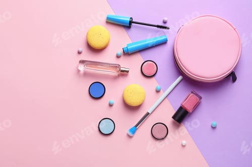 Preview: Makeup products with cosmetic bag on color background