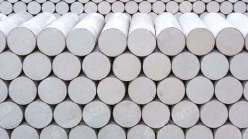 Preview: Stack of many precast spun micropiles construction material in industry yard area