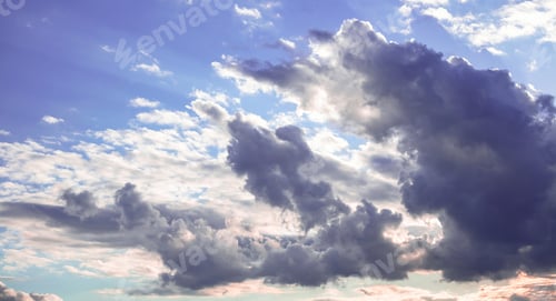 Preview: Twilight light color the cloudy sky. Cloud on blue sky background. Cloudscape grey and orange shade.
