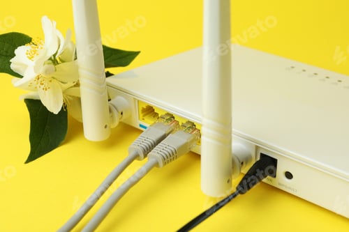 Preview: Wi-Fi router and flowers on yellow background
