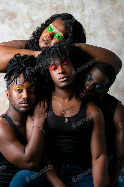 Preview: Group of young people wearing colorful eyeshadows and dark tank