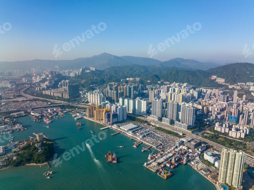 Preview: Aerial view of Hong Kong city with cargo terminal and cityscape view