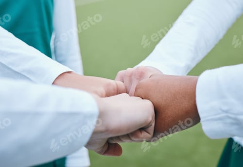 Preview: Exercise, closeup and people with support, fist bump and motivation with competition success, sport
