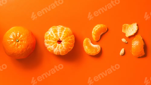 Preview: Tangerines on an orange background: whole, peeled, wedges and peels. Flat lay. Banner