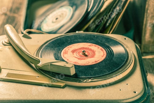 Preview: Vintage gramophone with few black vinyl records