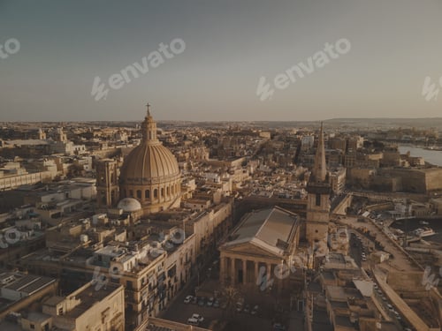 Preview: Aerial view of St John’s Cathedral church in Valleta Malta at Sunset